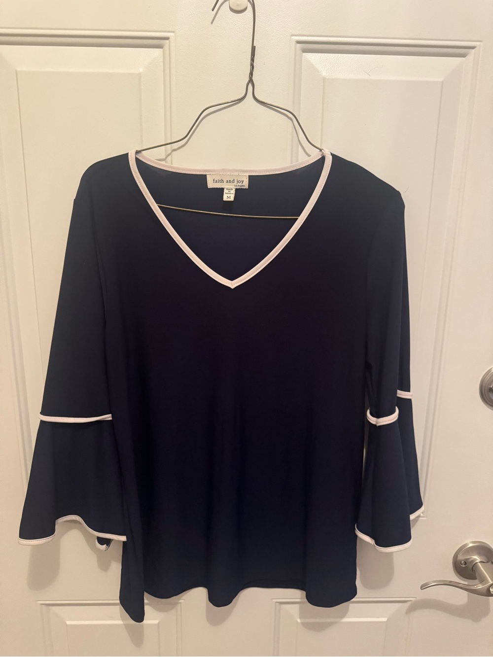 Faith and Joy Navy V-Neck Bell Sleeve Top with White Trim